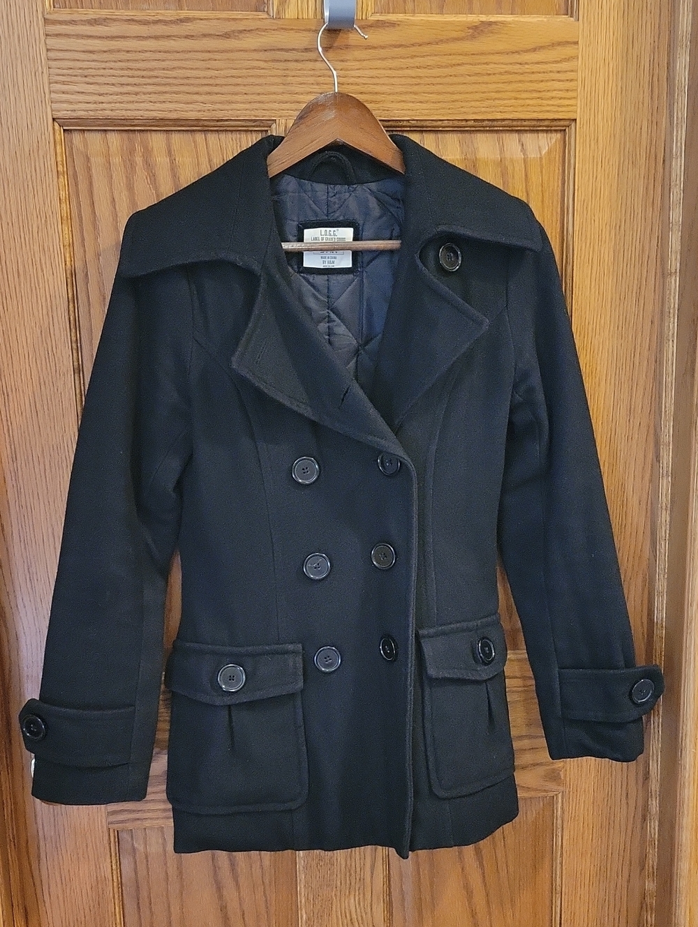 Women's Black Double-Breasted Pea Coat with Quilted Lining